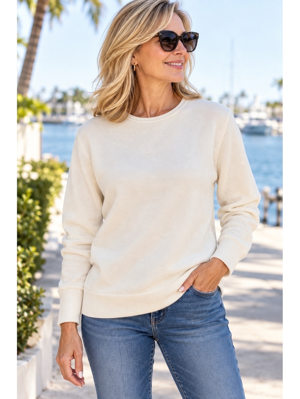 Henri Bendel Ivory Cotton Cashmere Crewneck Sweater Size S Luxury Knit